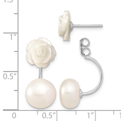 Sterling Silver Rhodium-plated 8-9mm White Button Freshwater Cultured Pearl and Mother Flower Front and Back Post Earrings