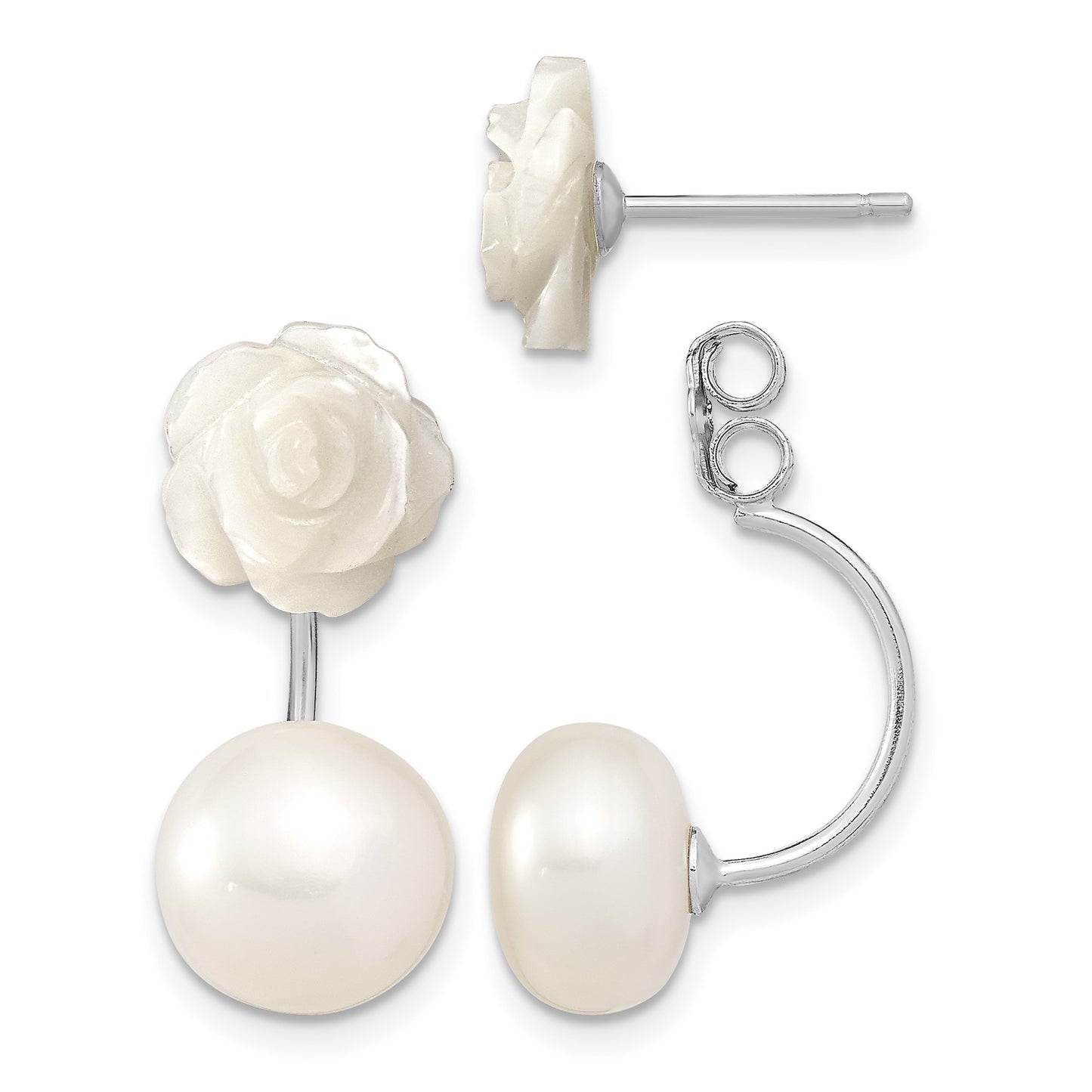 Sterling Silver Rhodium-plated 8-9mm White Button Freshwater Cultured Pearl and Mother Flower Front and Back Post Earrings