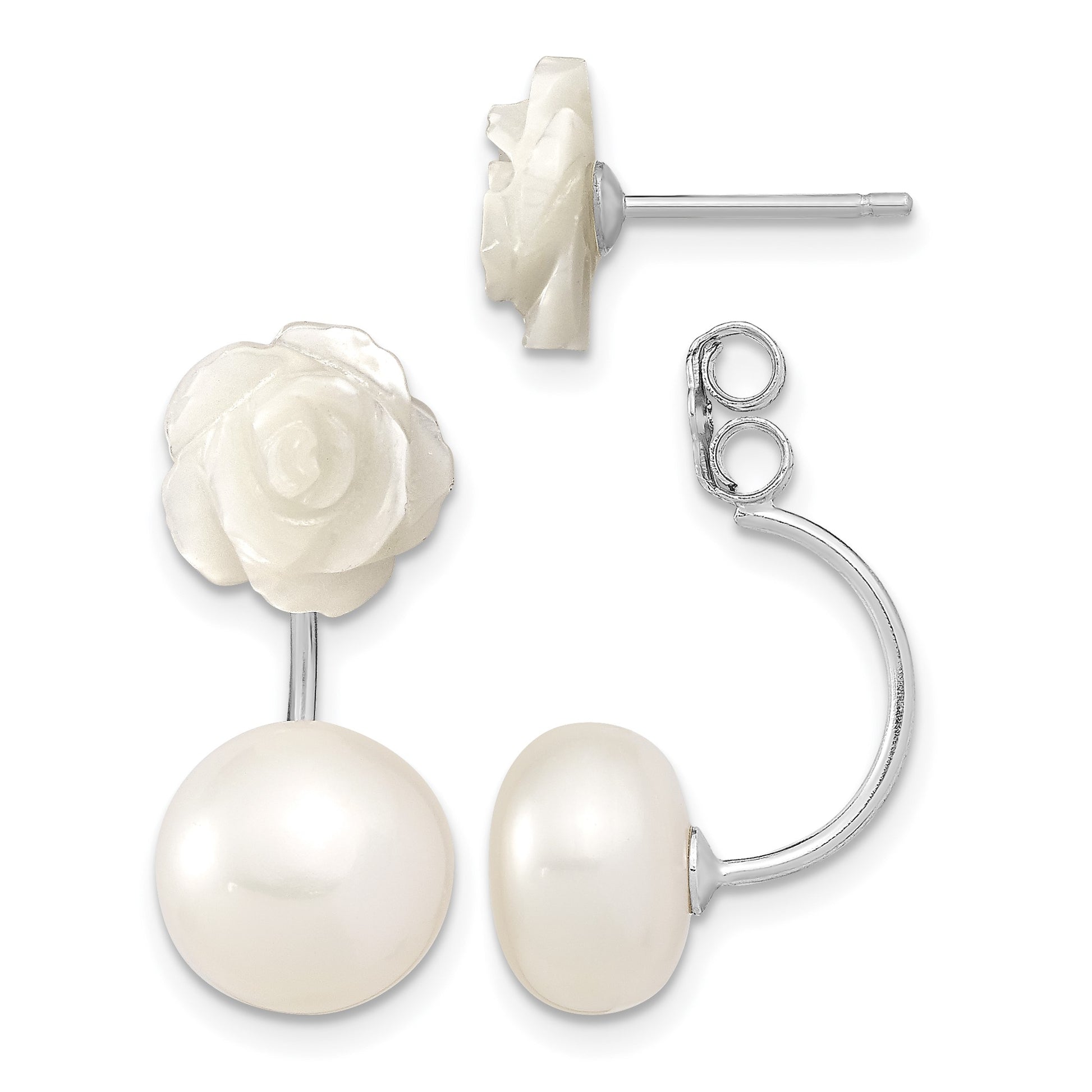 Sterling Silver Rhodium-plated 8-9mm White Button Freshwater Cultured Pearl and Mother Flower Front and Back Post Earrings