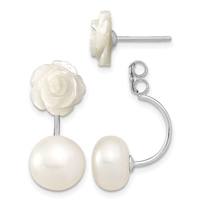 Sterling Silver Rhodium-plated 8-9mm White Button Freshwater Cultured Pearl and Mother Flower Front and Back Post Earrings