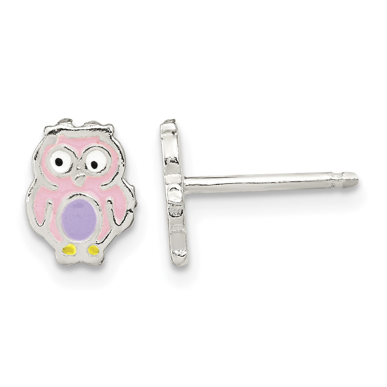 Sterling Silver Polished & Multi-color Enameled Owl Children's Post Earrings