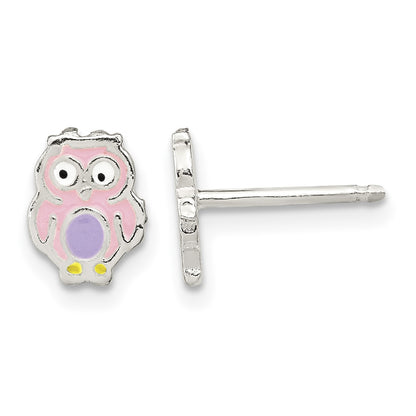 Sterling Silver Polished & Multi-color Enameled Owl Children's Post Earrings