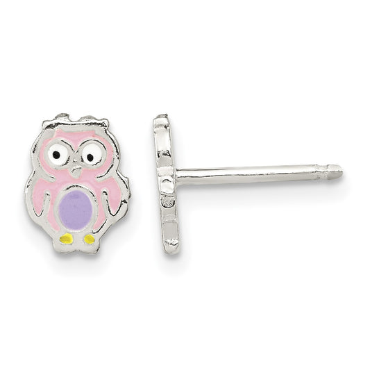 Sterling Silver Polished & Multi-color Enameled Owl Children's Post Earrings