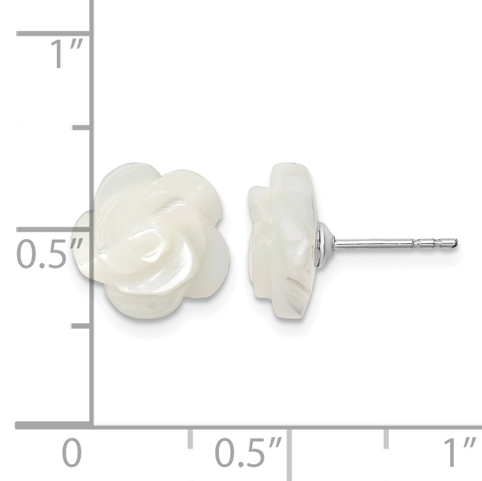 Sterling Silver Rhodium-plated 10mm White Mother of Pearl Flower Post Earrings