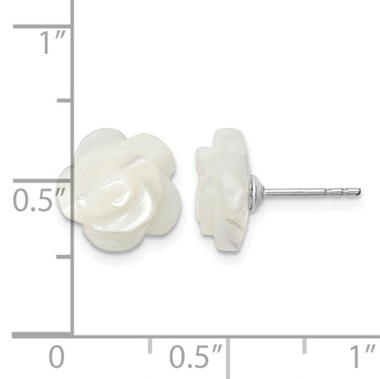 Sterling Silver Rhodium-plated 10mm White Mother of Pearl Flower Post Earrings