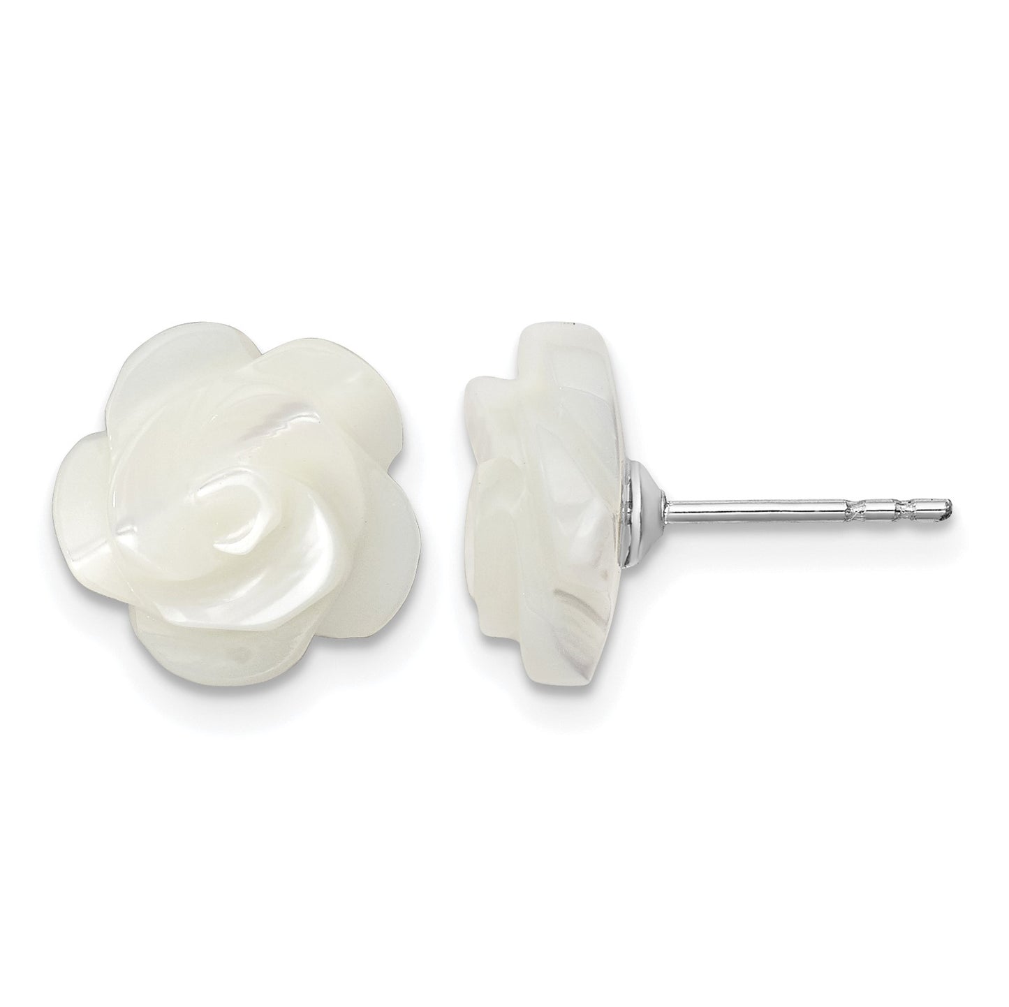 Sterling Silver Rhodium-plated 10mm White Mother of Pearl Flower Post Earrings