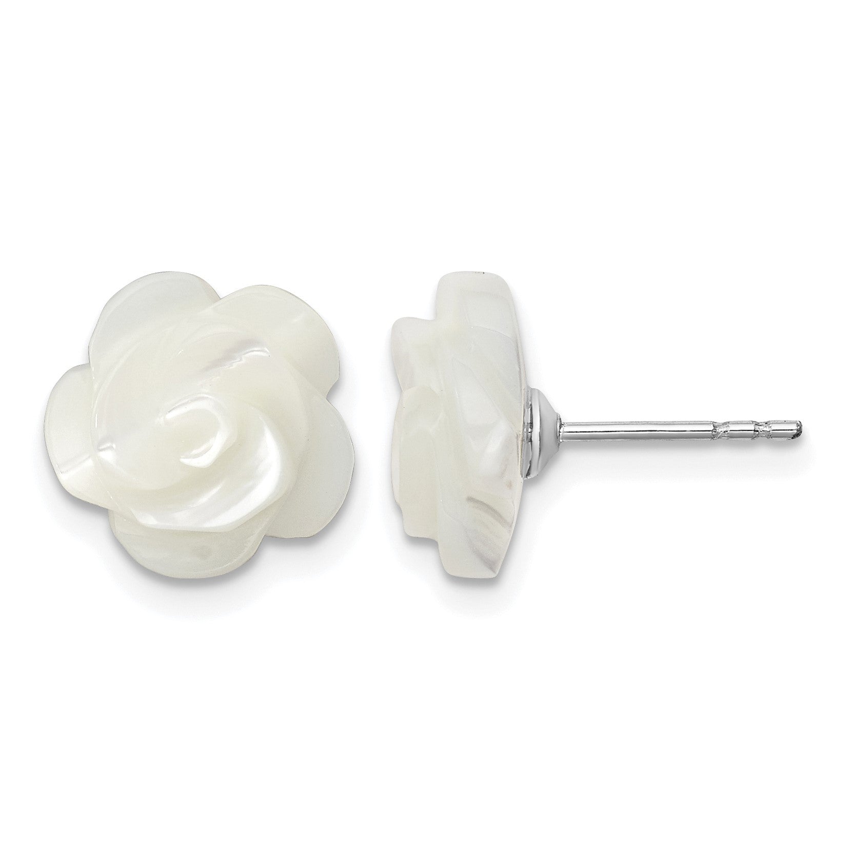 Sterling Silver Rhodium-plated 10mm White Mother of Pearl Flower Post Earrings