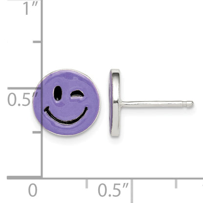 Sterling Silver Purple Enamel Winking Smiley Face Post Earrings