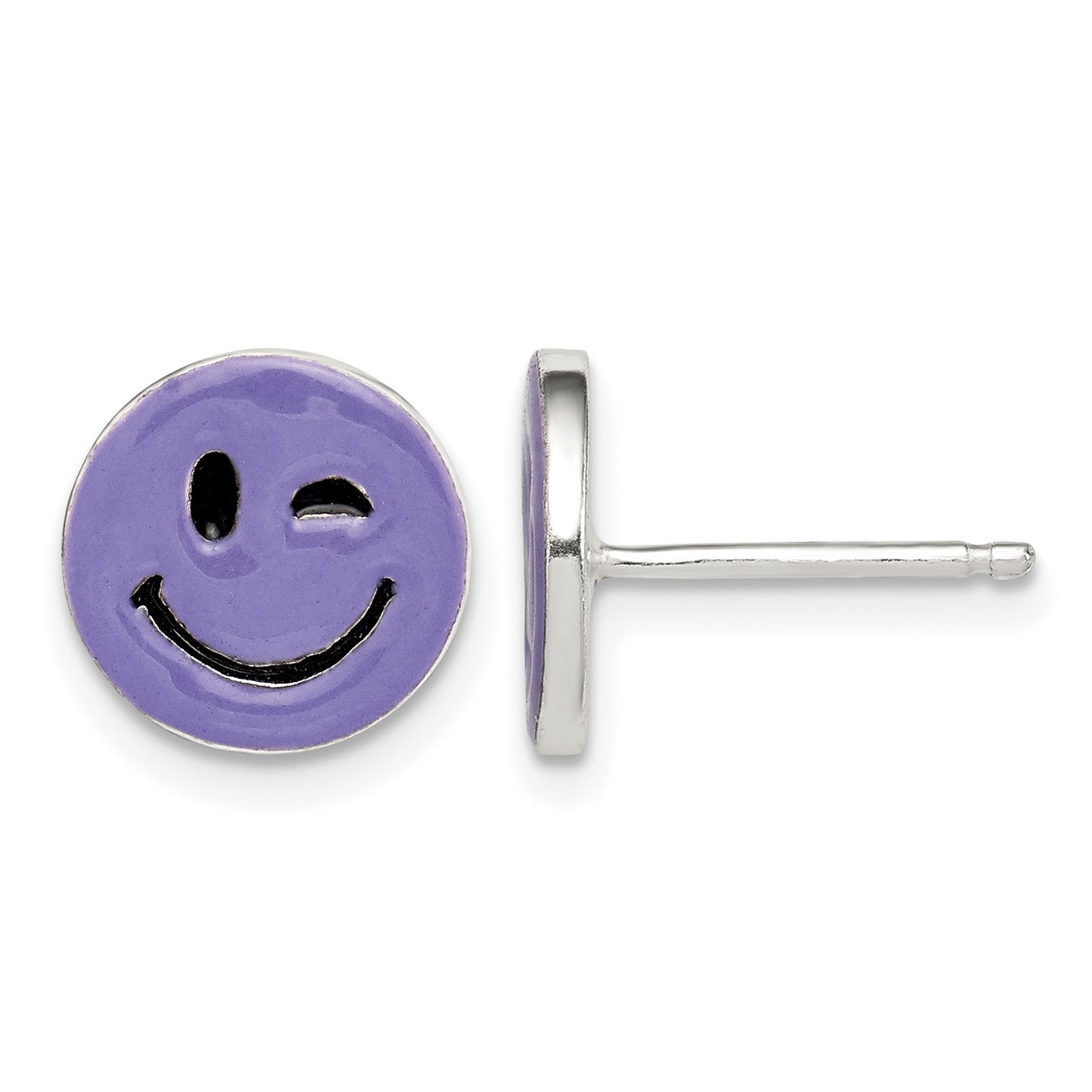 Sterling Silver Purple Enamel Winking Smiley Face Post Earrings