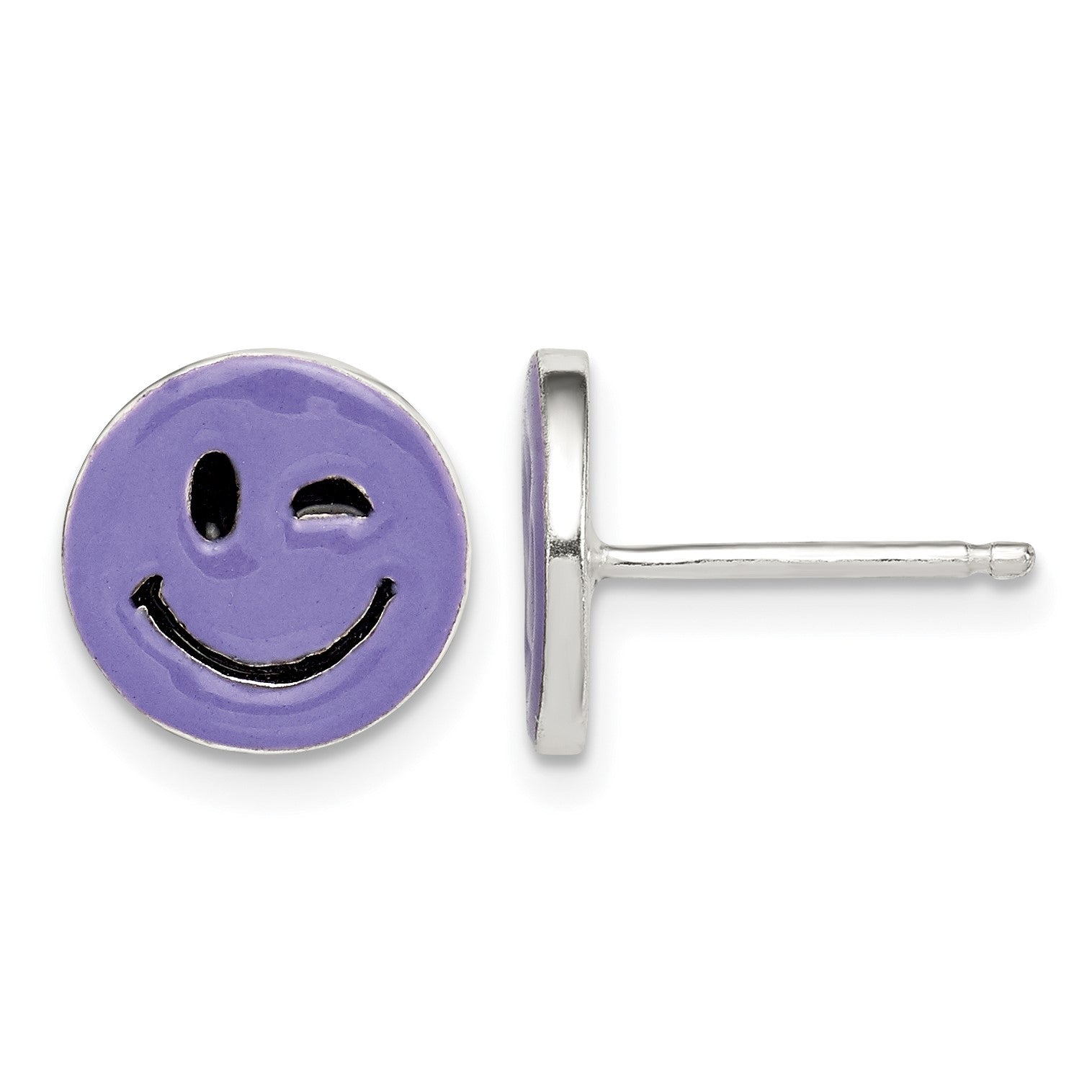 Sterling Silver Purple Enamel Winking Smiley Face Post Earrings