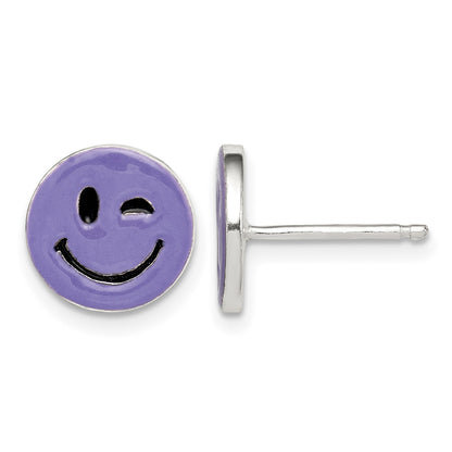 Sterling Silver Purple Enamel Winking Smiley Face Post Earrings