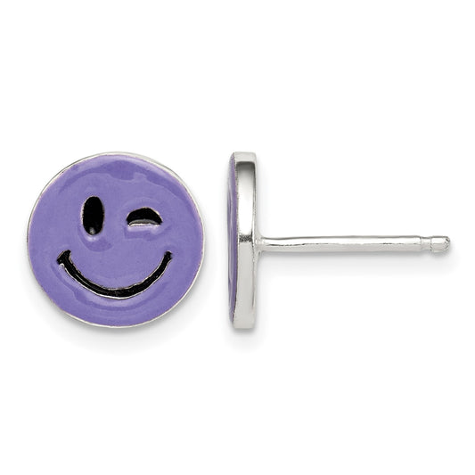 Sterling Silver Purple Enamel Winking Smiley Face Post Earrings