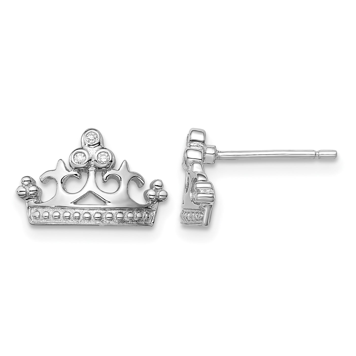 Sterling Silver Rhodium-plated CZ Crown Post Earrings
