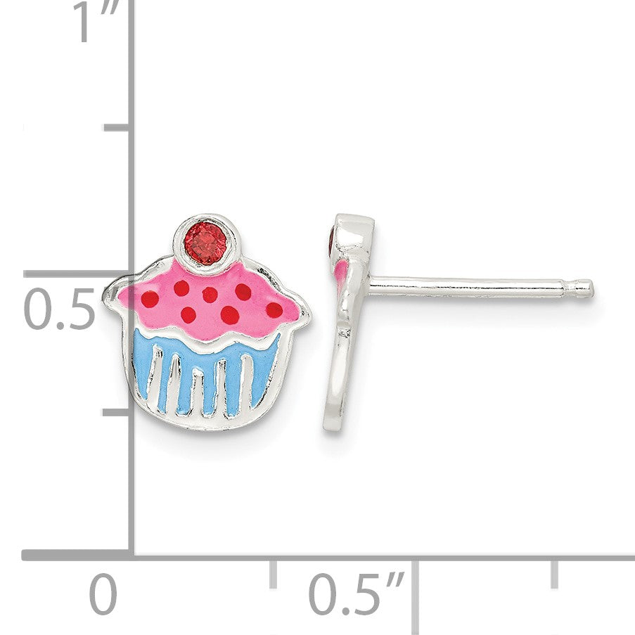 Sterling Silver Polished Enamel Garnet Cupcake Childs Post Earrings