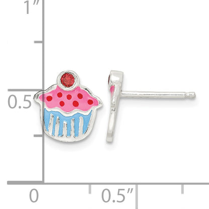 Sterling Silver Polished Enamel Garnet Cupcake Childs Post Earrings