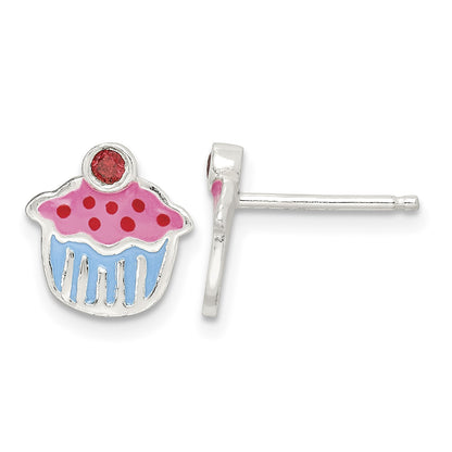 Sterling Silver Polished Enamel Garnet Cupcake Childs Post Earrings