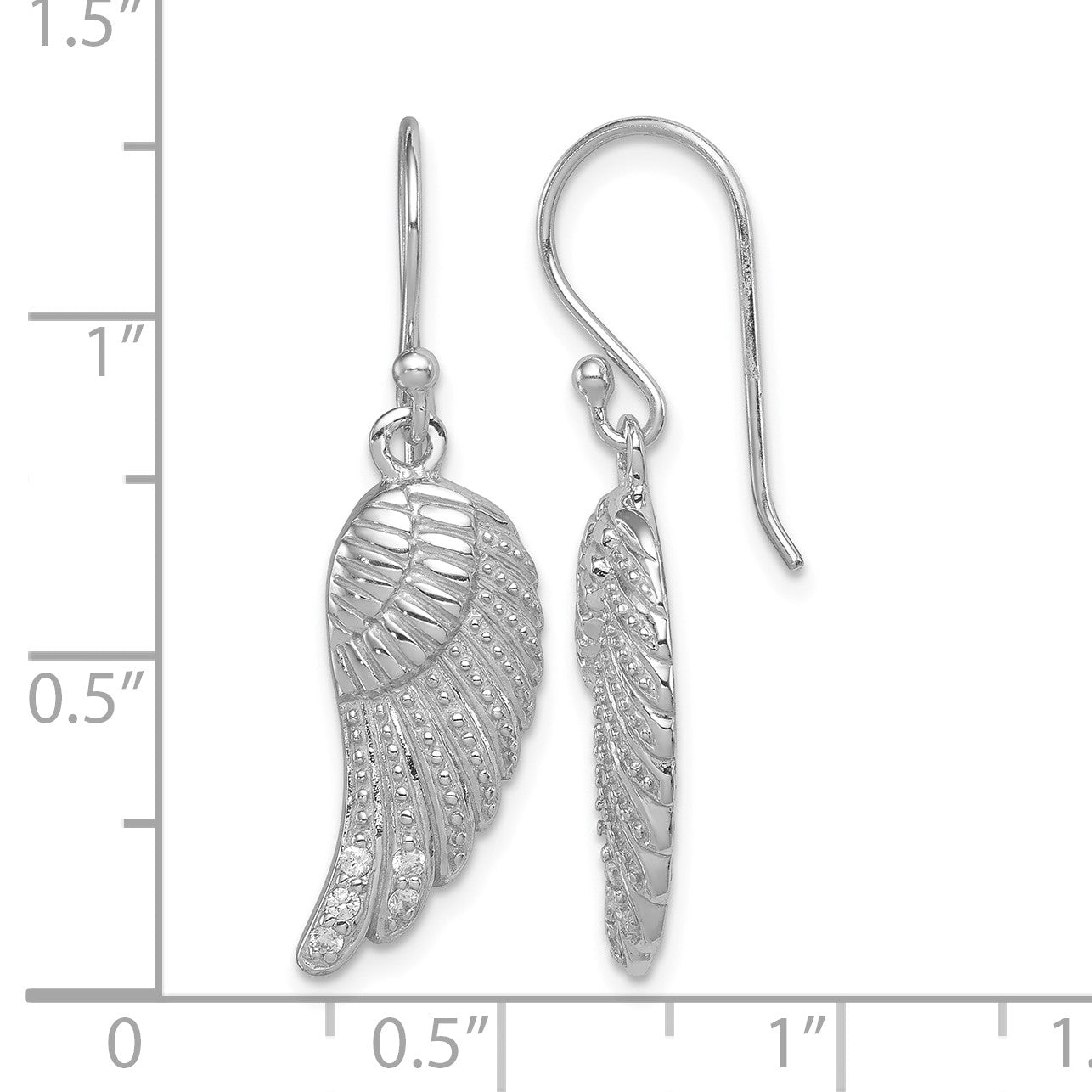 Sterling Silver RH-plated Polished/Textured CZ Wings Dangle Earrings