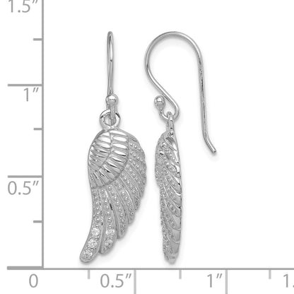 Sterling Silver RH-plated Polished/Textured CZ Wings Dangle Earrings