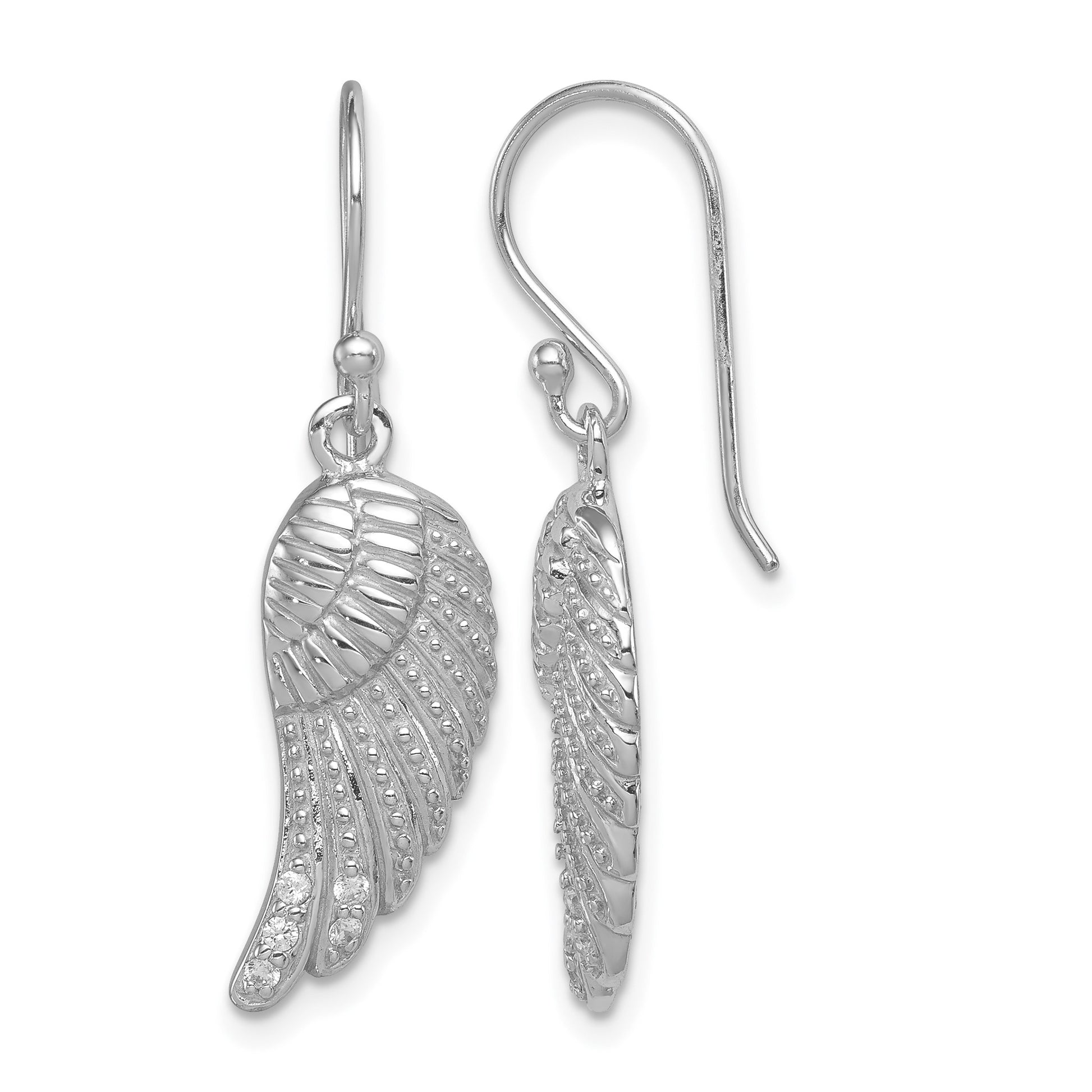 Sterling Silver RH-plated Polished/Textured CZ Wings Dangle Earrings