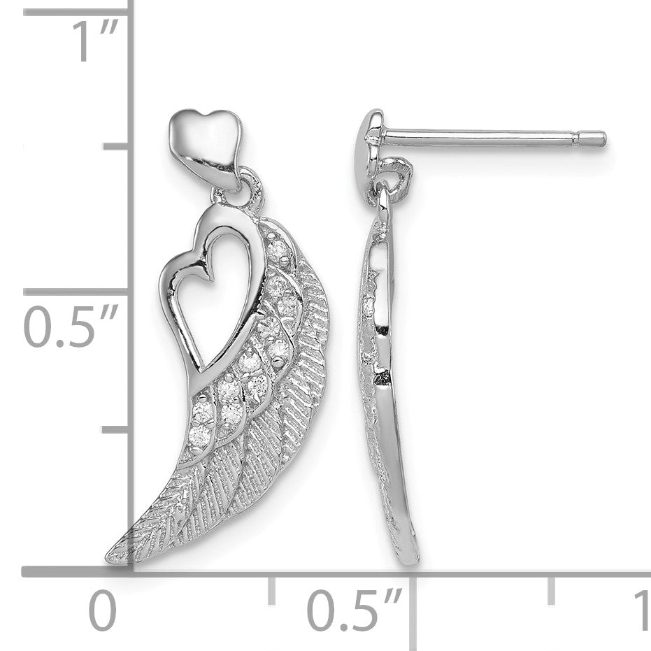 Sterling Silver Rhodium-plated Polished & Textured CZ Open Heart Wings Post Dangle Earrings