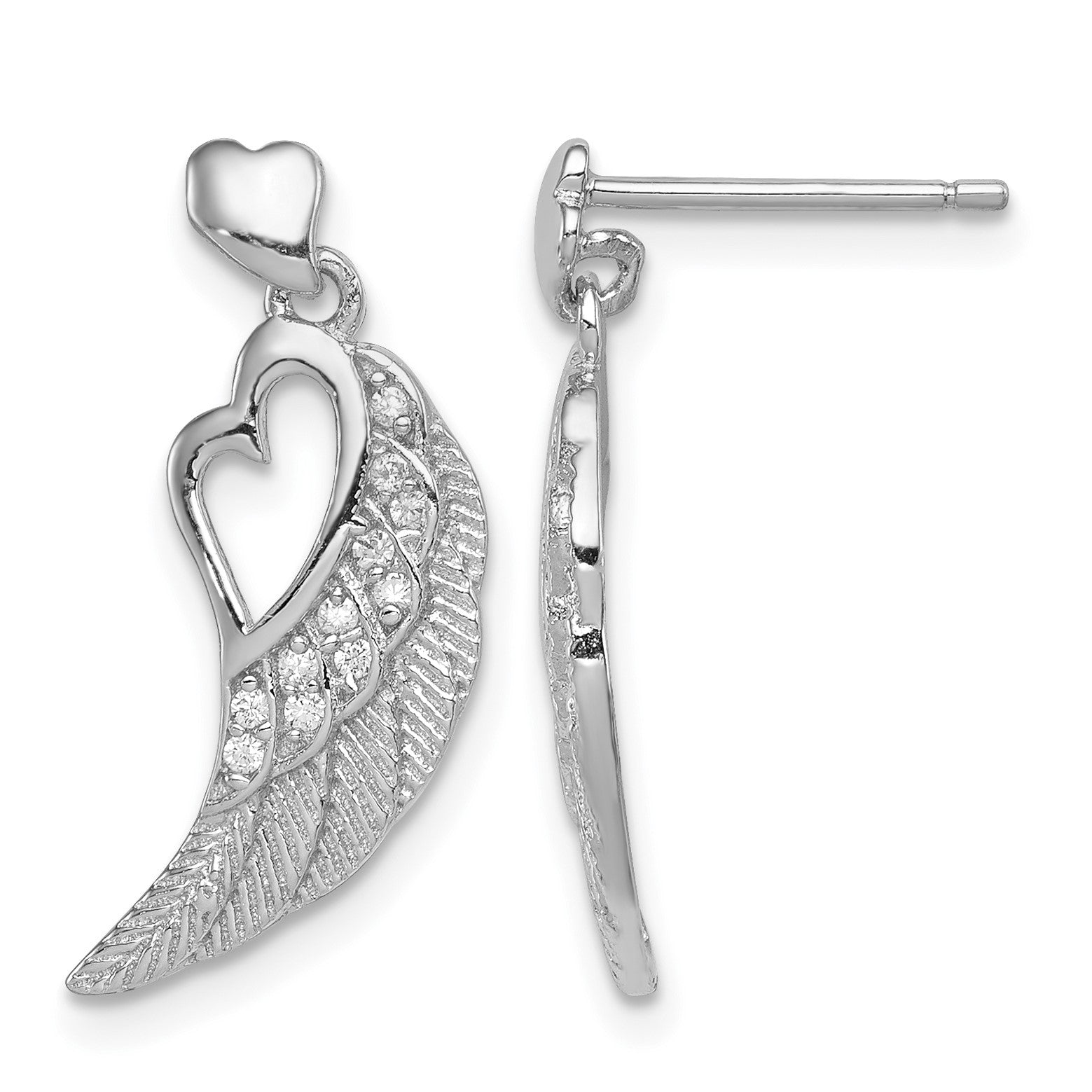 Sterling Silver Rhodium-plated Polished & Textured CZ Open Heart Wings Post Dangle Earrings
