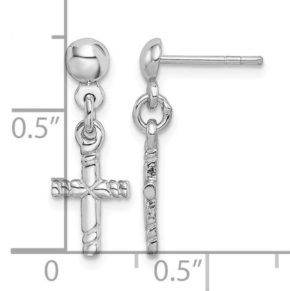 Sterling Silver Rhodium-plated Polished Cross Post Dangle Earrings