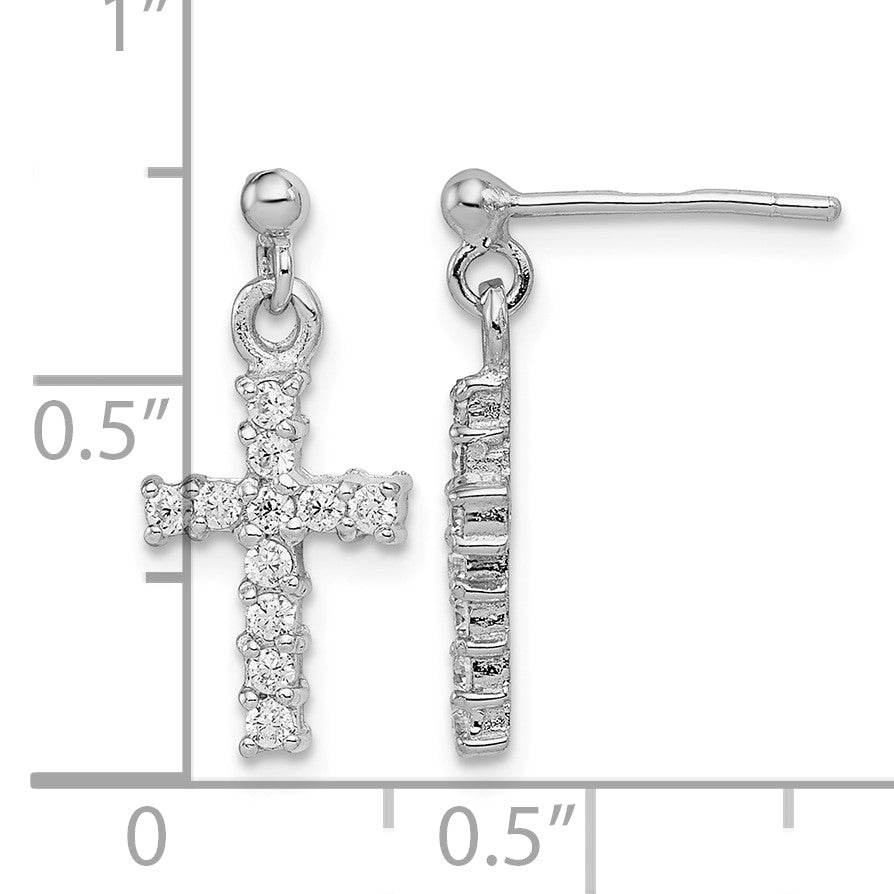 Sterling Silver Rhodium-plated Polished CZ Cross Post Dangle Earrings