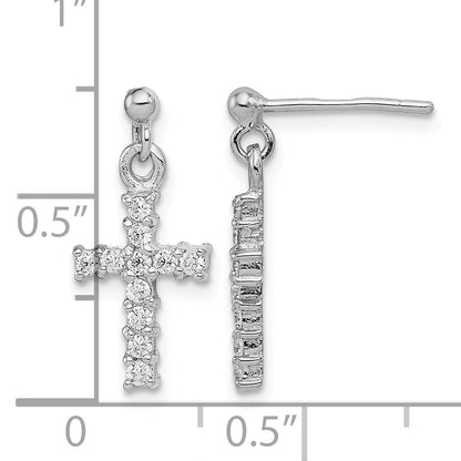 Sterling Silver Rhodium-plated Polished CZ Cross Post Dangle Earrings