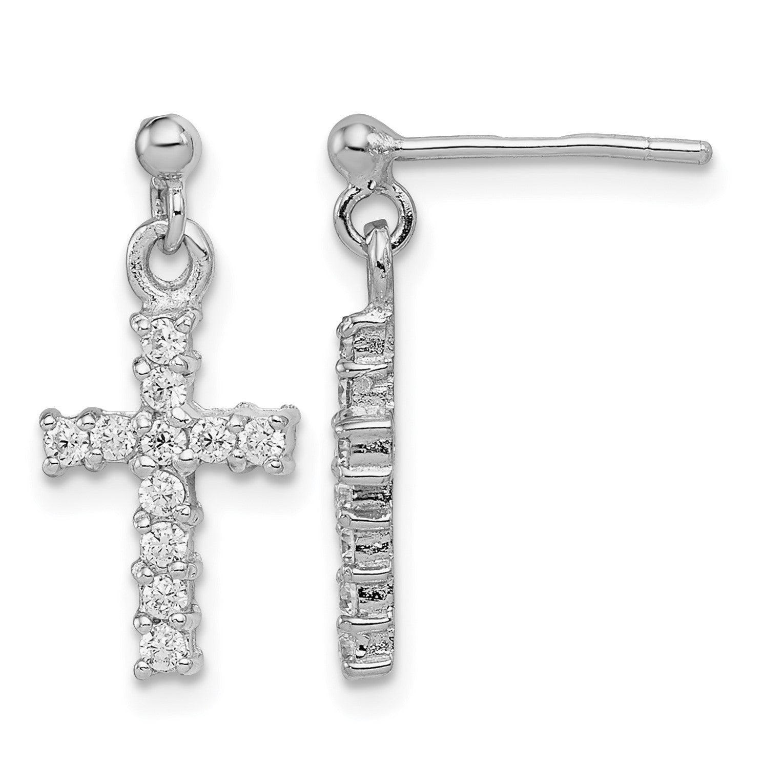 Sterling Silver Rhodium-plated Polished CZ Cross Post Dangle Earrings