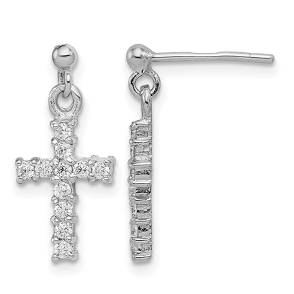 Sterling Silver Rhodium-plated Polished CZ Cross Post Dangle Earrings