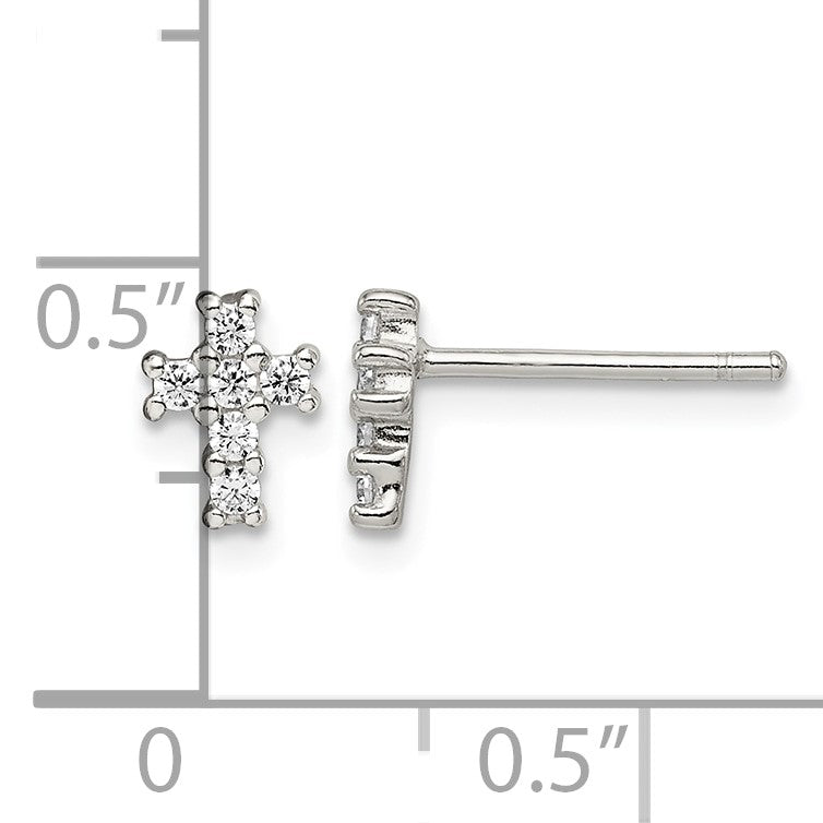 Sterling Silver Rhodium-plated Polished CZ Cross Post Earrings