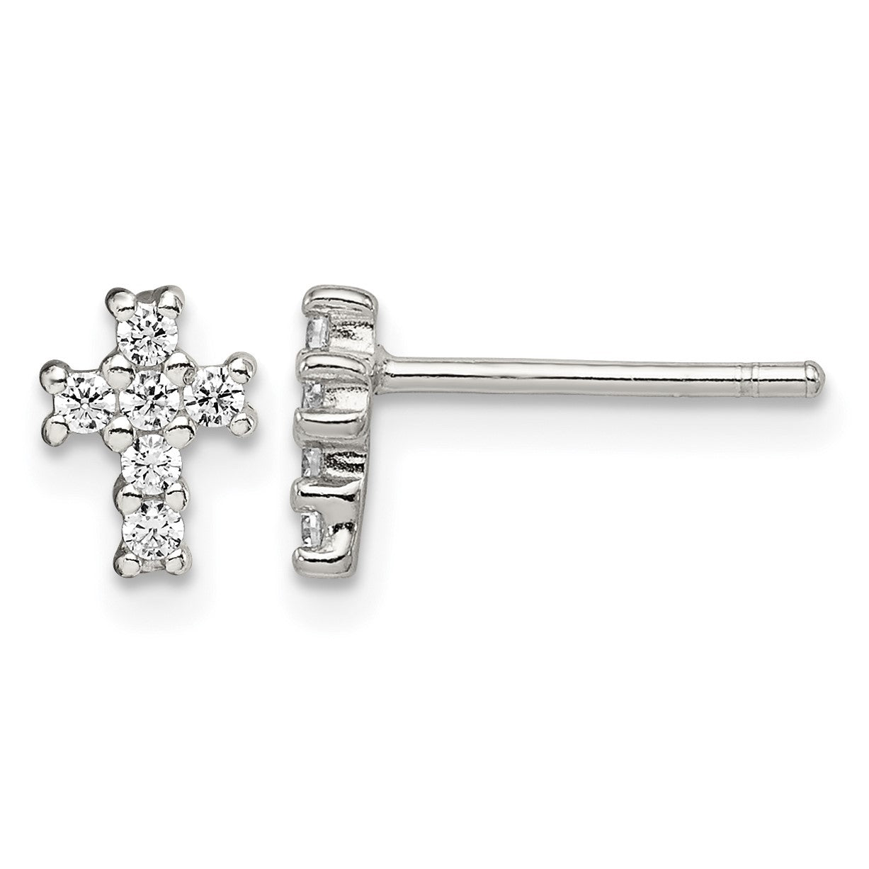 Sterling Silver Rhodium-plated Polished CZ Cross Post Earrings