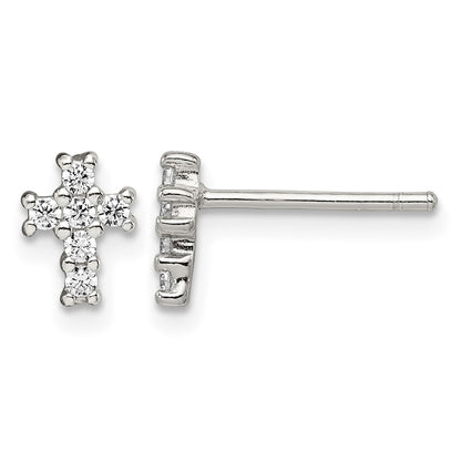 Sterling Silver Rhodium-plated Polished CZ Cross Post Earrings