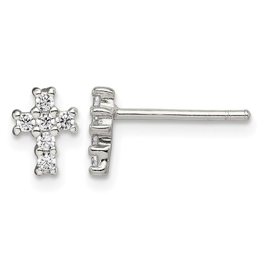 Sterling Silver Rhodium-plated Polished CZ Cross Post Earrings