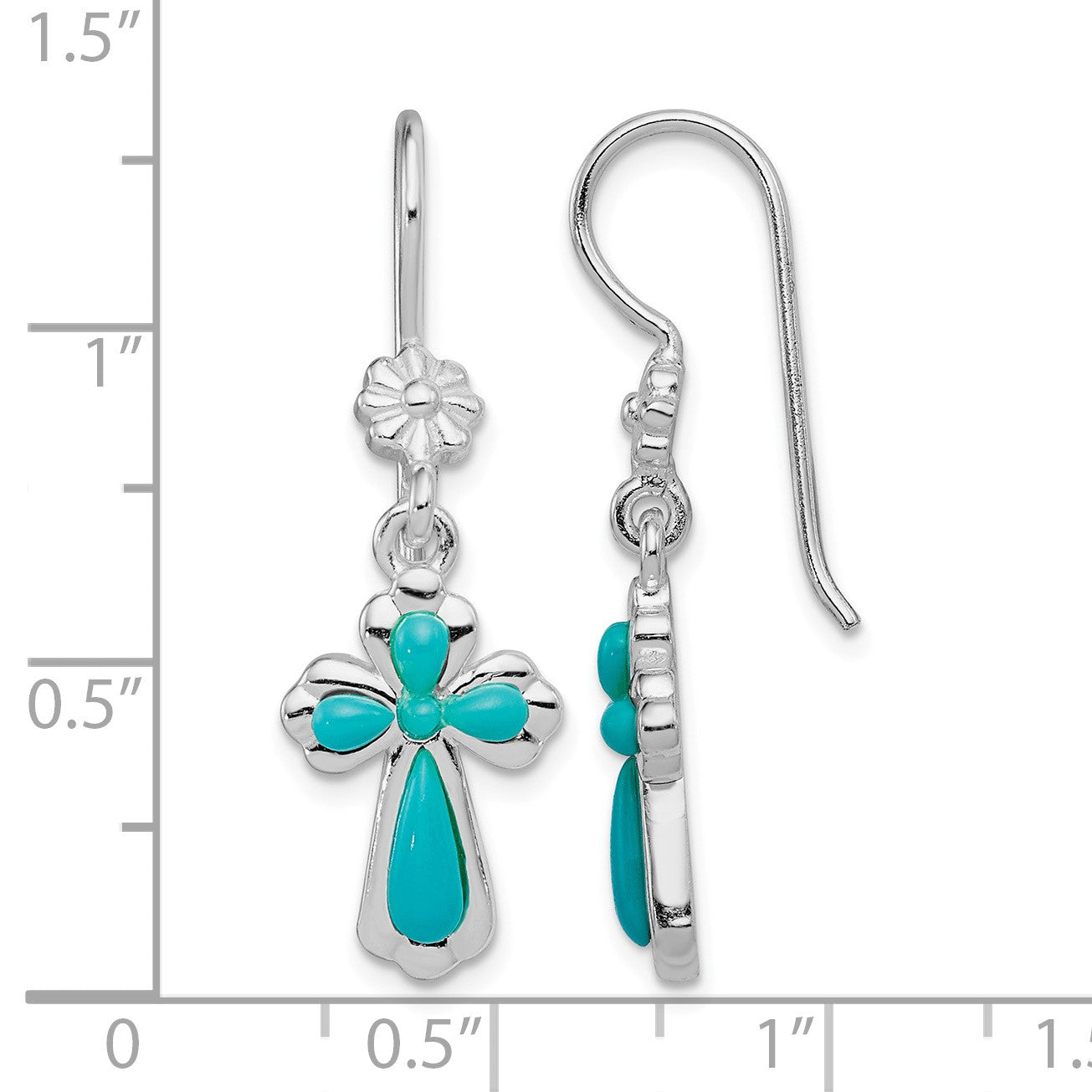 Sterling Silver Rhodium-plated Polished Imitation Turquoise Cross & Flower Dangle Earrings