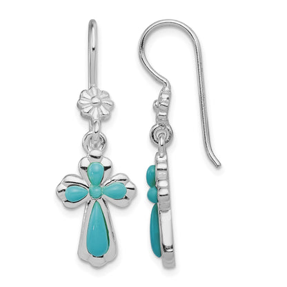Sterling Silver Rhodium-plated Polished Imitation Turquoise Cross & Flower Dangle Earrings