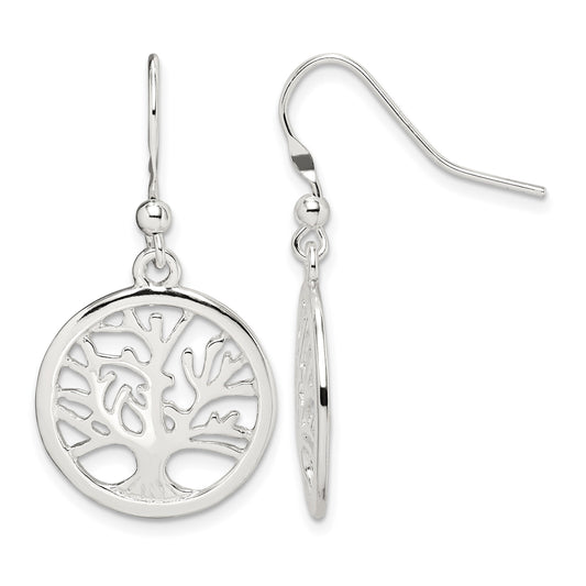 Sterling Silver Polished Round Tree Shepherd Hook Earrings