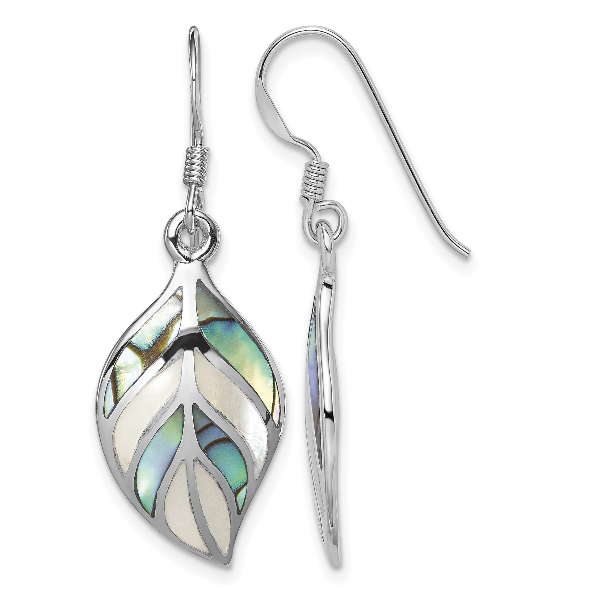 Sterling Silver Rhodium Leaf MOP and Abalone Dangle Earrings