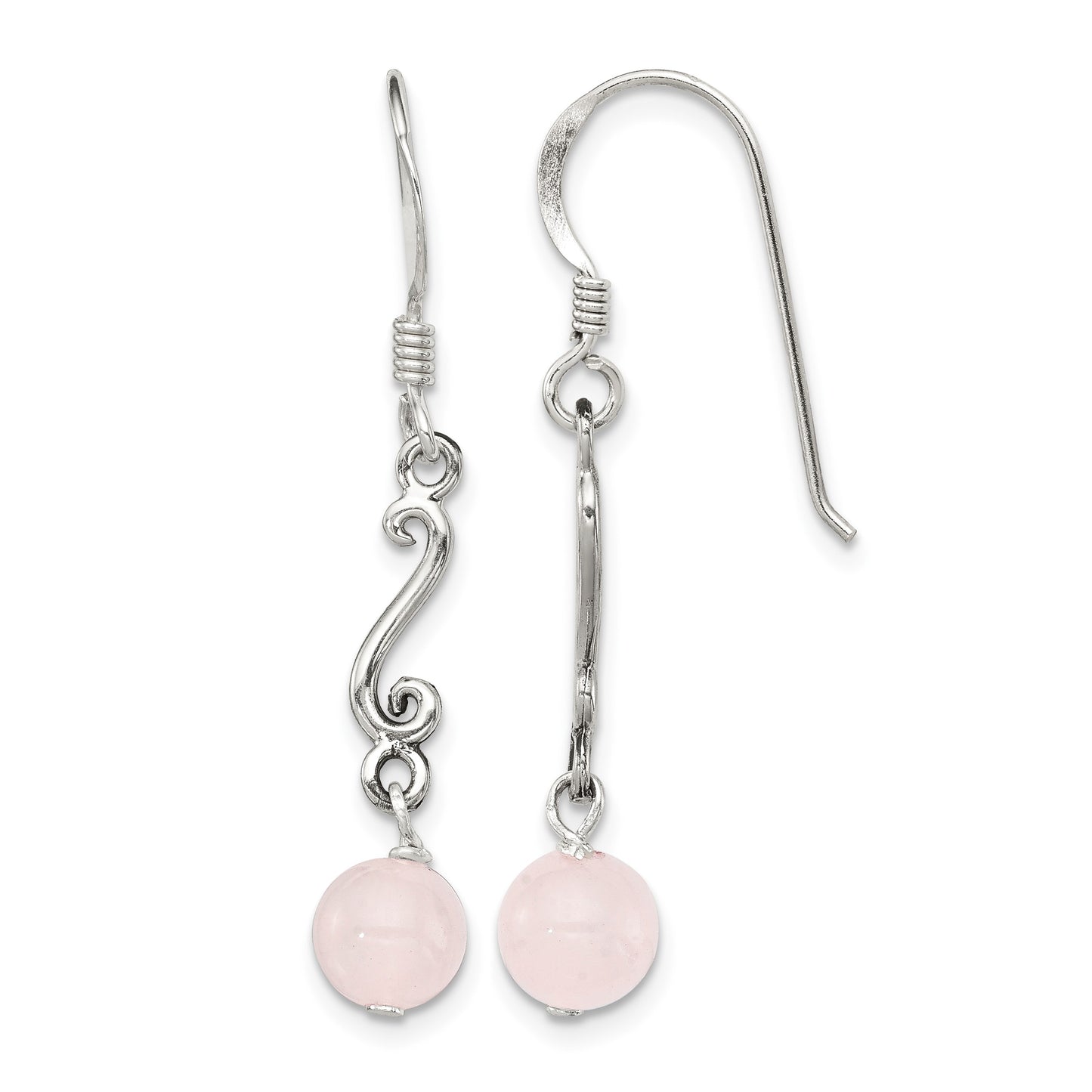 Sterling Silver Polished & Antiqued Rose Quartz Swirl Dangle Earrings