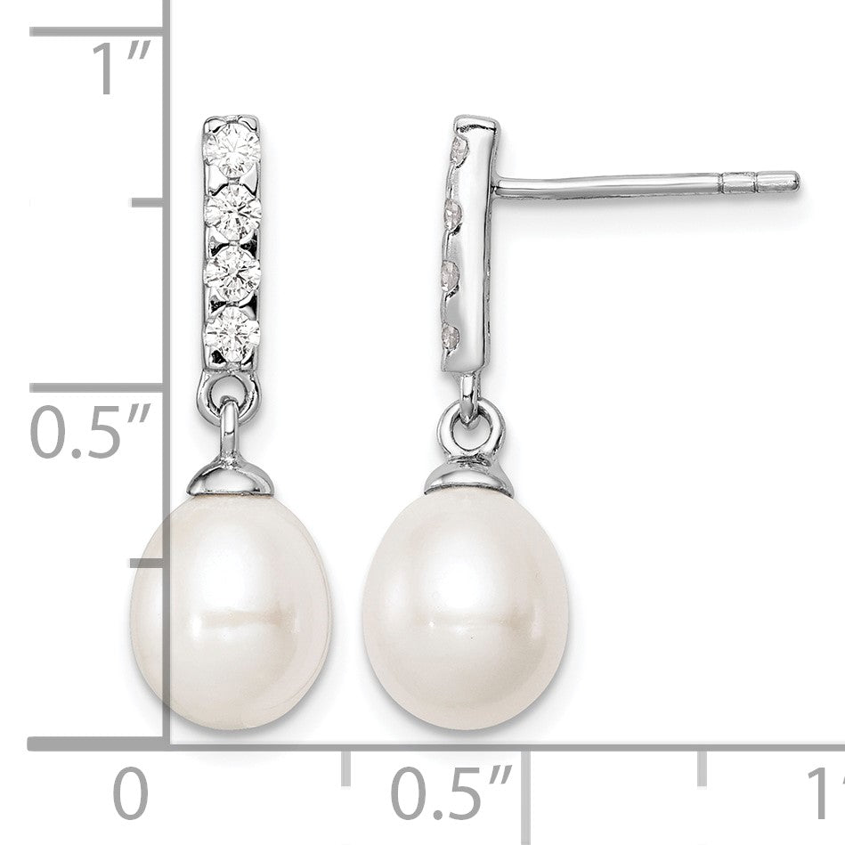 Sterling Silver Rhodium-plated 8-9mm White Teardrop Freshwater Cultured Pearl and CZ Post Earrings