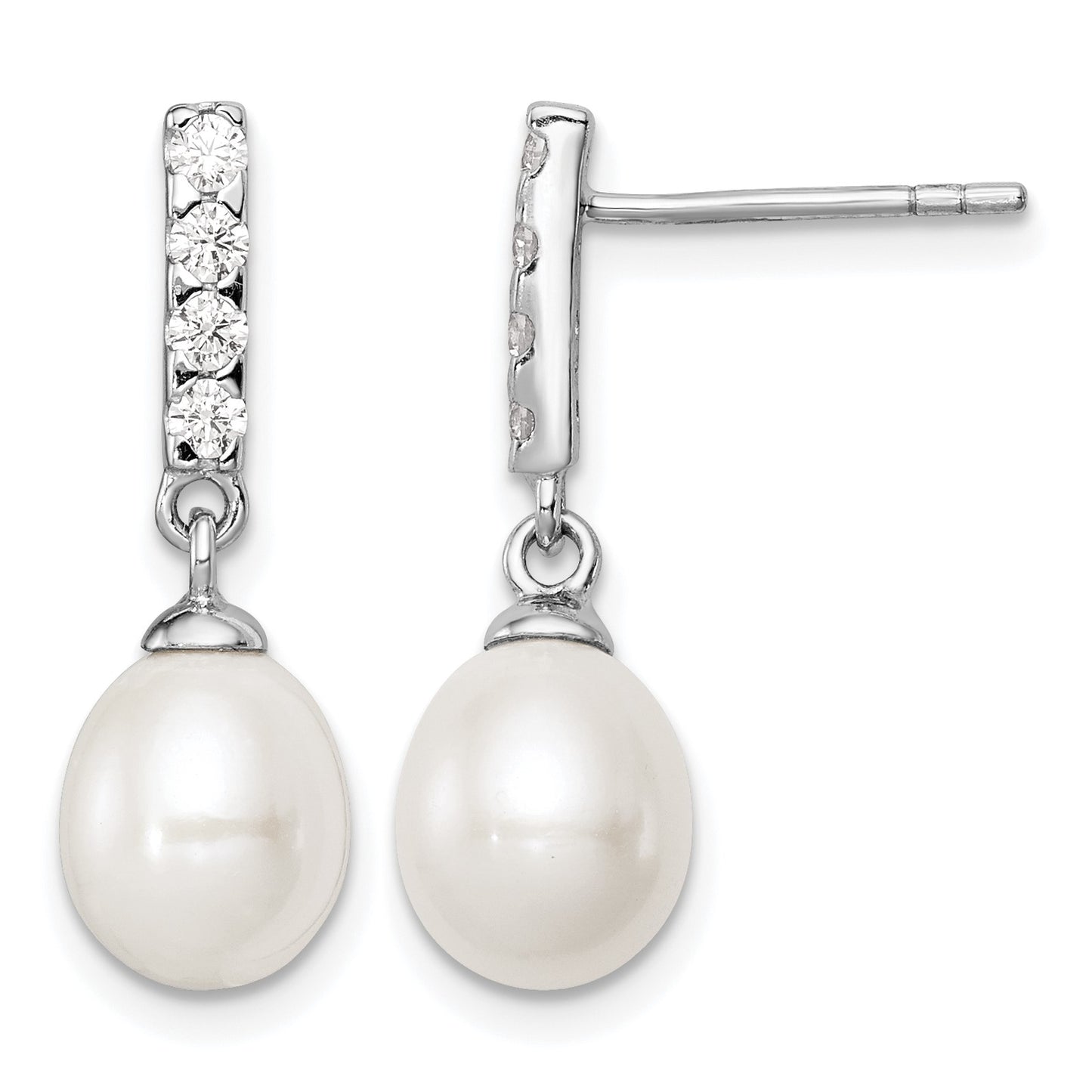 Sterling Silver Rhodium-plated 8-9mm White Teardrop Freshwater Cultured Pearl and CZ Post Earrings