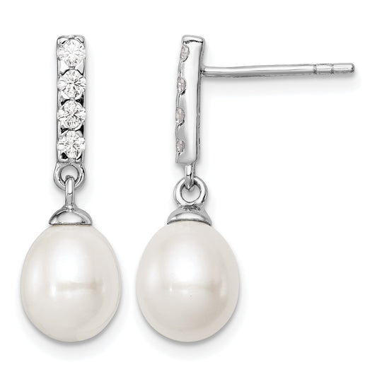 Sterling Silver Rhodium-plated 8-9mm White Teardrop Freshwater Cultured Pearl and CZ Post Earrings