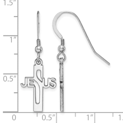 Sterling Silver Rhodium-plated Polished JESUS Cross Dangle Earrings