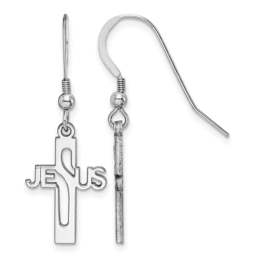 Sterling Silver Rhodium-plated Polished JESUS Cross Dangle Earrings