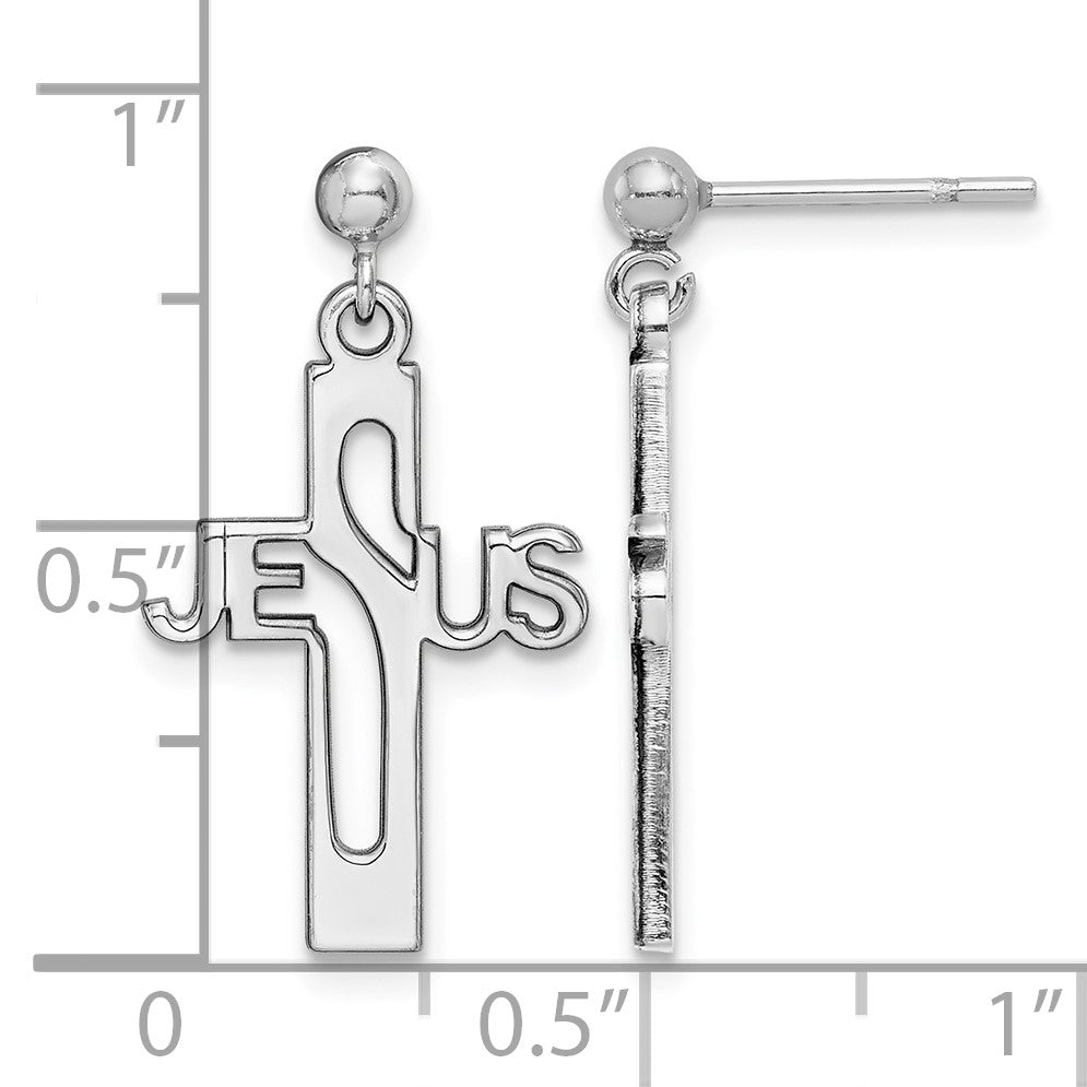 Sterling Silver Rhod-plated Polished JESUS Cross Post Dangle Earrings