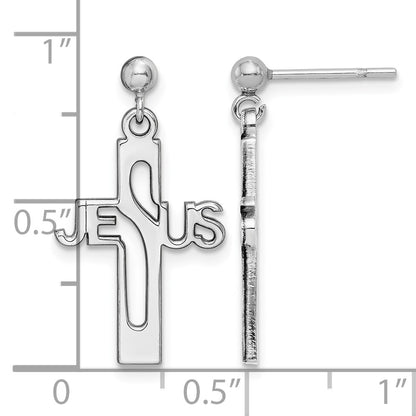 Sterling Silver Rhod-plated Polished JESUS Cross Post Dangle Earrings