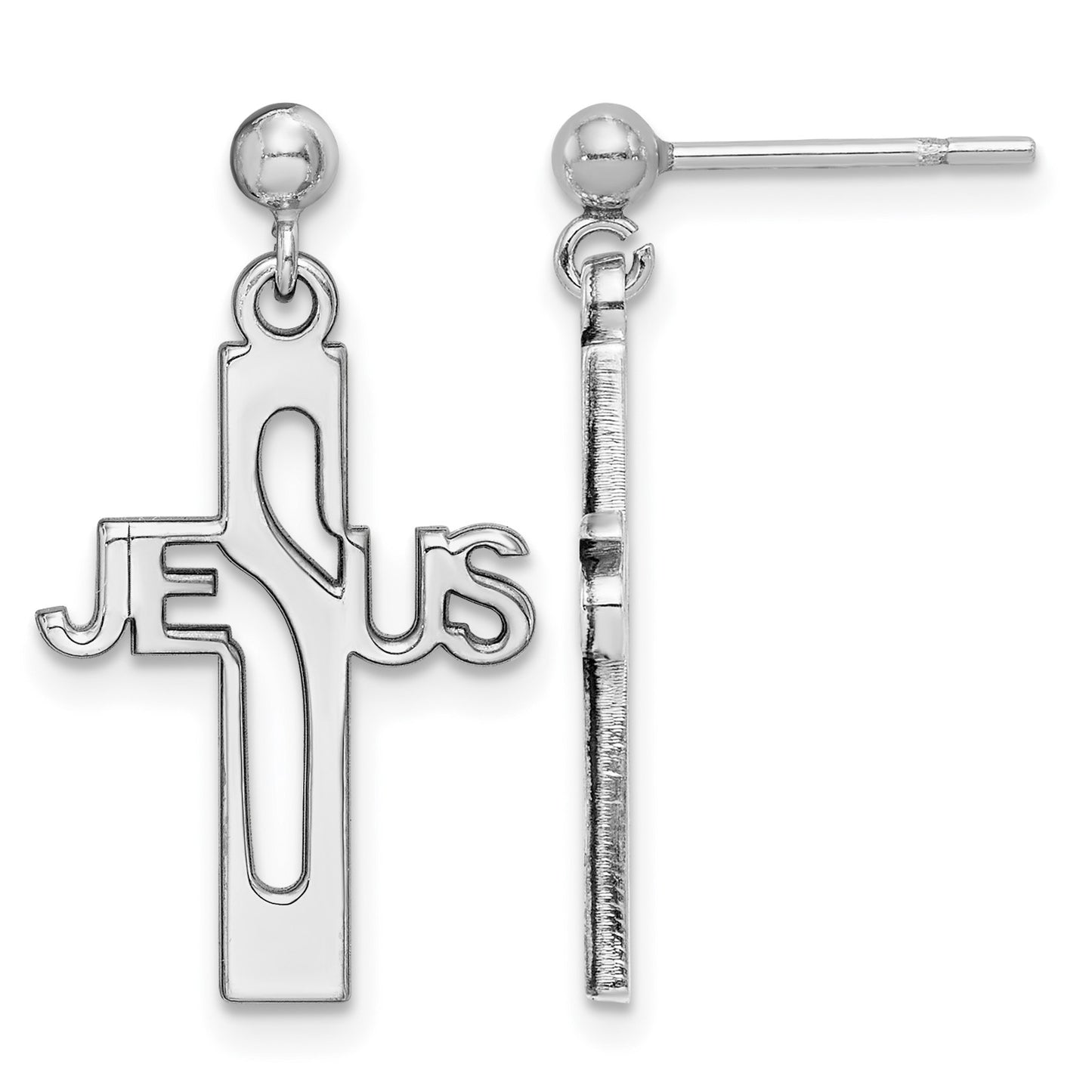 Sterling Silver Rhod-plated Polished JESUS Cross Post Dangle Earrings