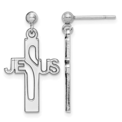 Sterling Silver Rhod-plated Polished JESUS Cross Post Dangle Earrings