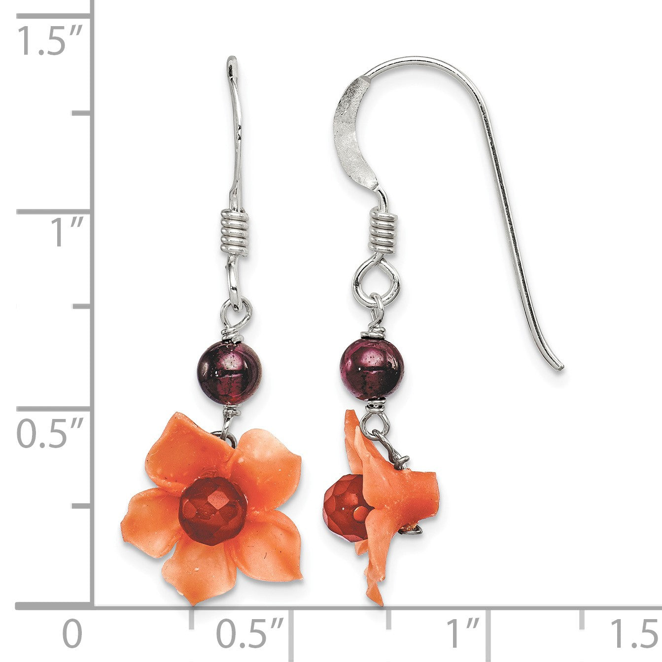 Sterling Silver Polished Garnet & Carnelian Flower Dangle Earrings