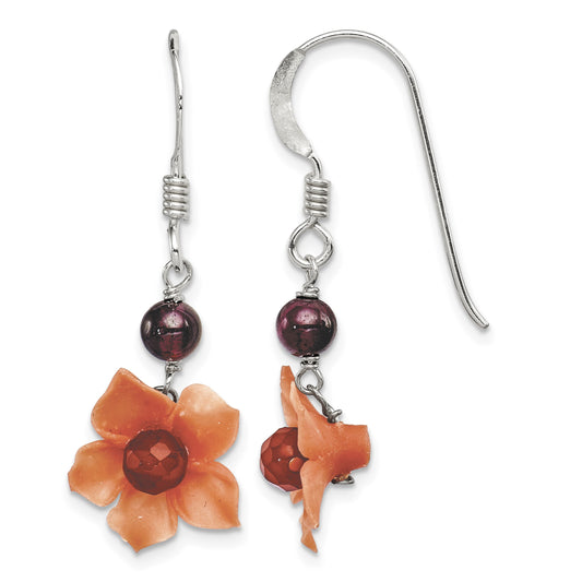 Sterling Silver Polished Garnet & Carnelian Flower Dangle Earrings